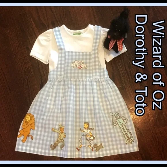 Wizard of OZ ~ Dorothy & Toto Blue Gingham Pinafore Dress with White T-Shirt - Picture 1 of 13